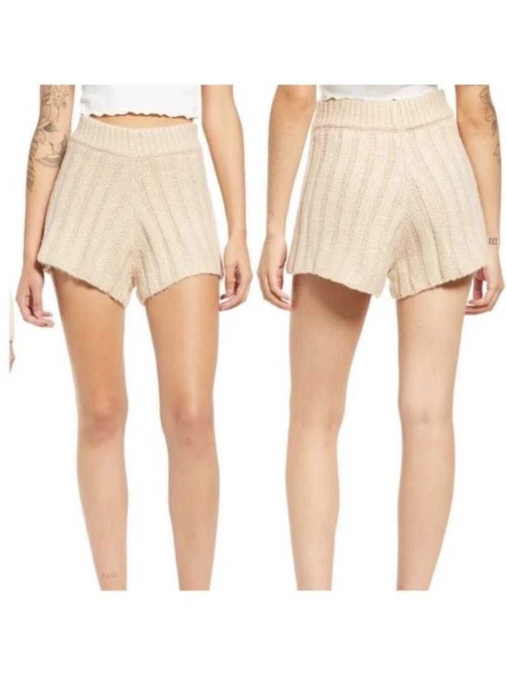 BLANK NYC Sweater Shorts Size 27 Waist Small Knit High Waisted Tan Pull On
